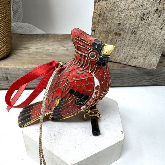 Vintage Red  Cloisonné Enamel Jeweled Cardinal Ornament Gold Trim - Picture 3 of 8